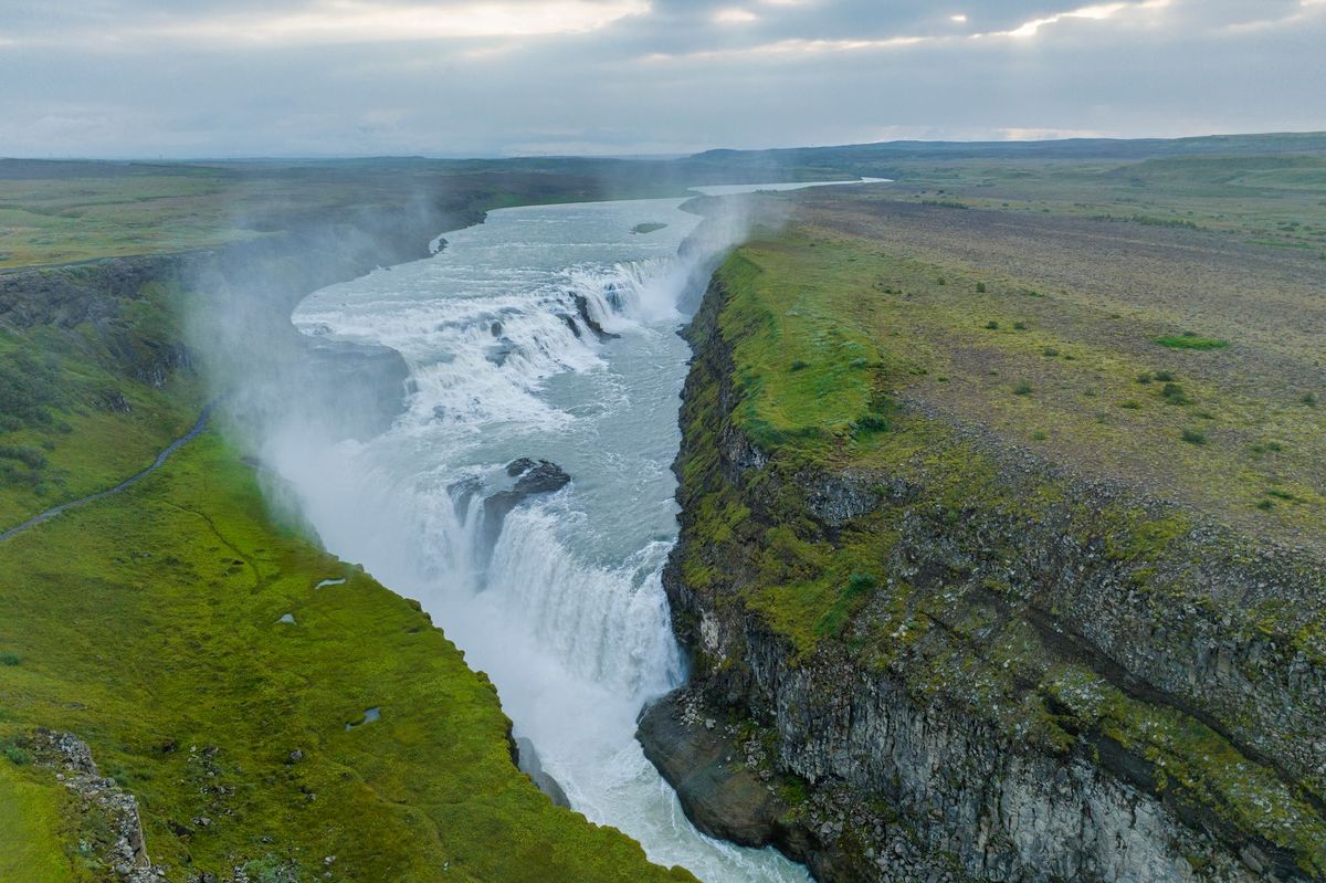 Gullfoss from above, the Hvítá river vanishing into its canyon