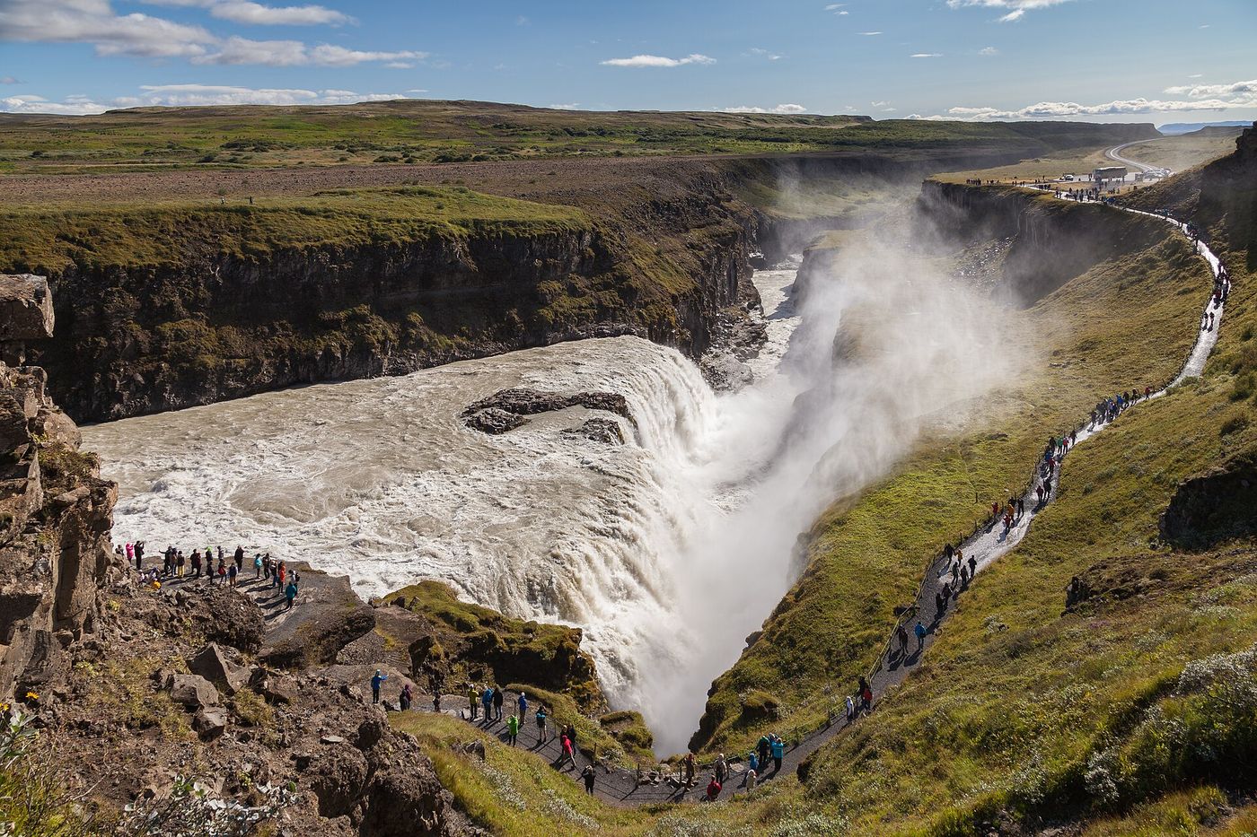 Gullfoss waterfall plunging into its canyon in a wall of spray