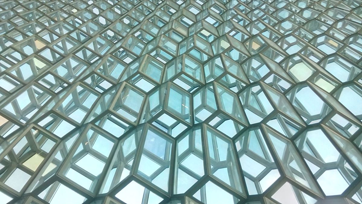 The honeycomb glass panels of Harpa's facade up close