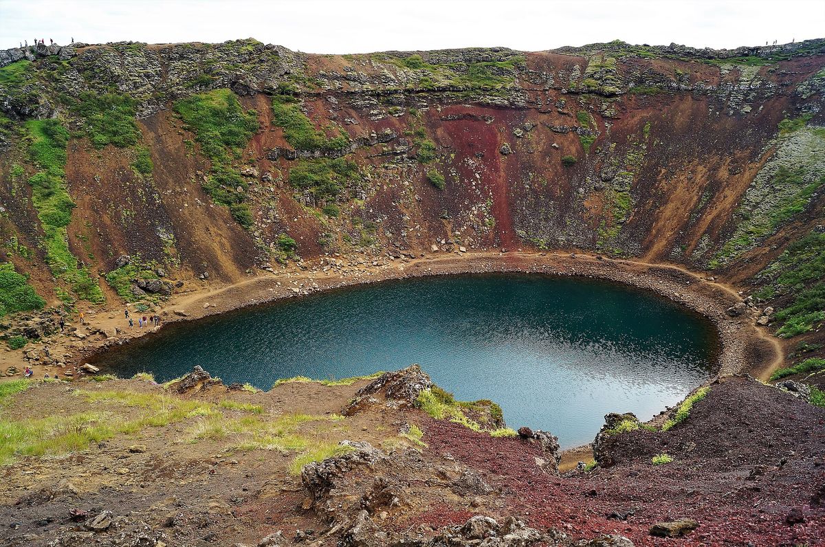 Looking across Kerið's full red-scoria bowl