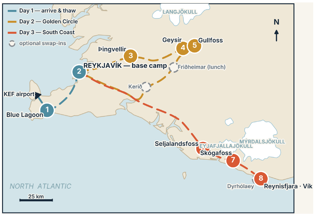 Overview map of the whole trip: Blue Lagoon, Reykjavík, Golden Circle and South Coast routes