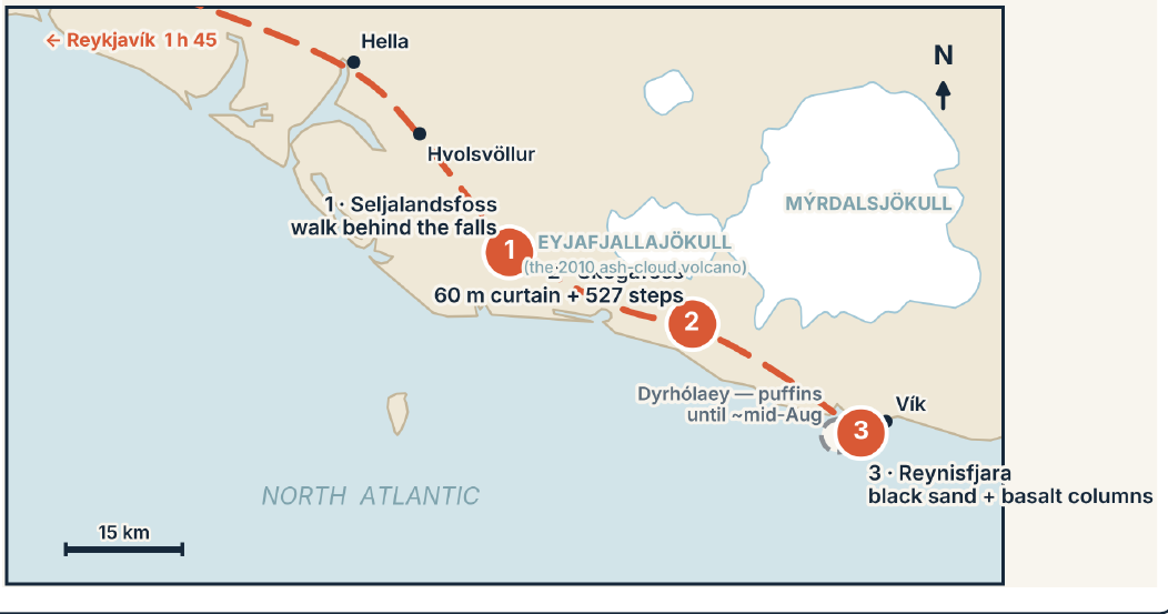 Map of the South Coast run: Seljalandsfoss, Skógafoss, Dyrhólaey and Reynisfjara