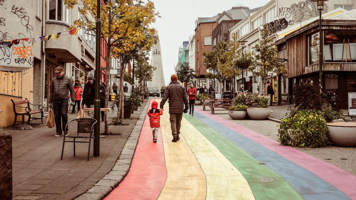 The rainbow-painted shopping street near Messinn in central Reykjavík