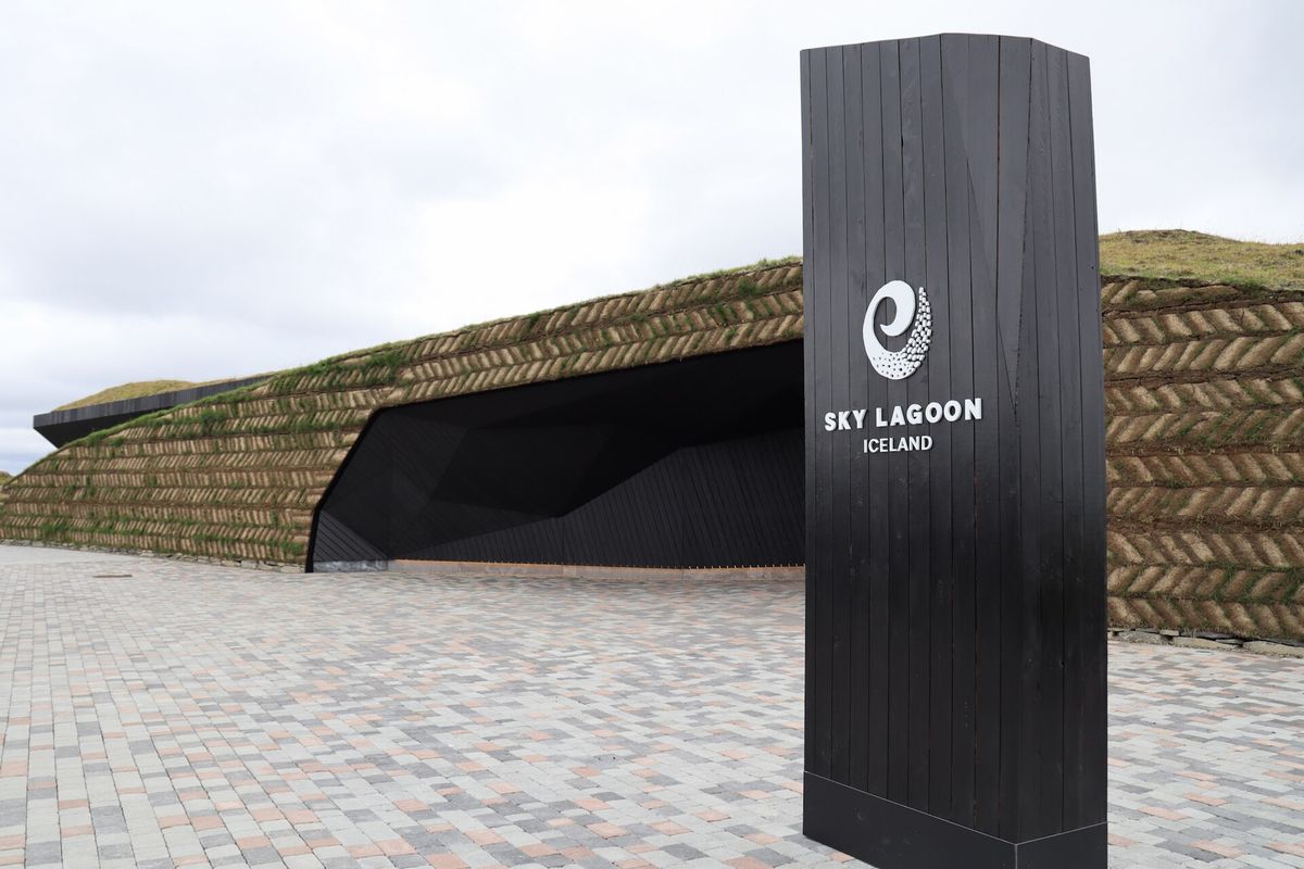 The turf-walled entrance of Sky Lagoon