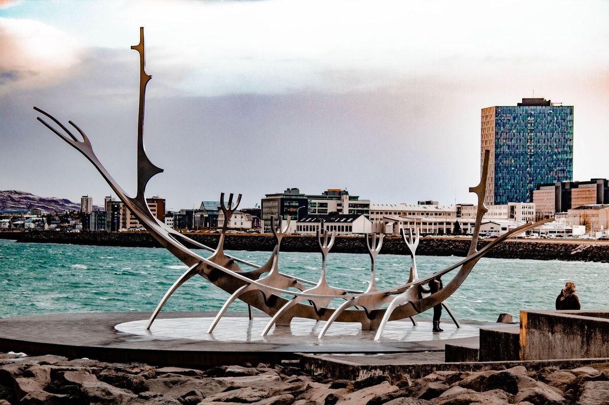 The Sun Voyager by day, pointed across the bay