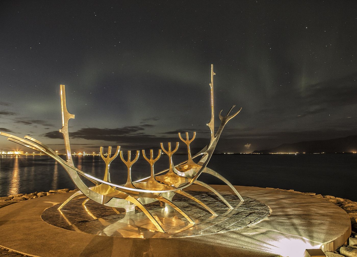 The Sun Voyager sculpture on Reykjavík's waterfront at night